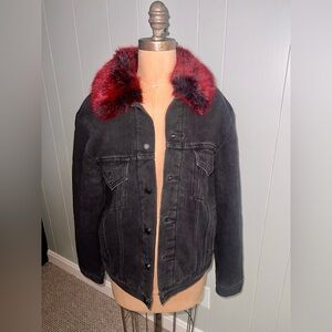 ZARA Women Black Denim Jacket with Red Faux Fur Collar